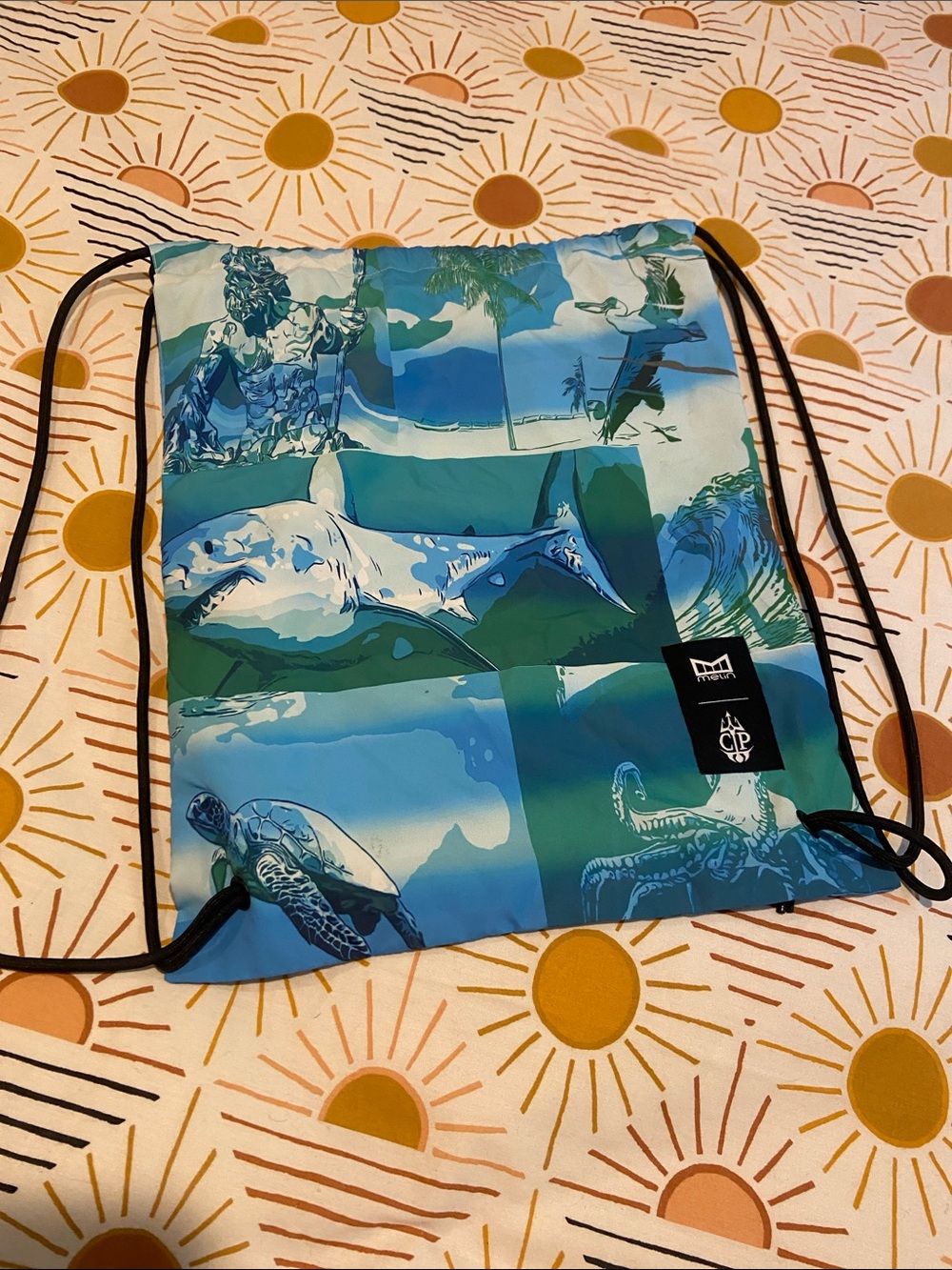 Melin Chuck Patterson Ocean Print Blue Drawstring Backpack